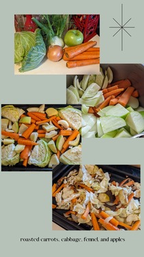 Four picture collage of the stages of roasting cabbage, carrots, fennel, and apples.